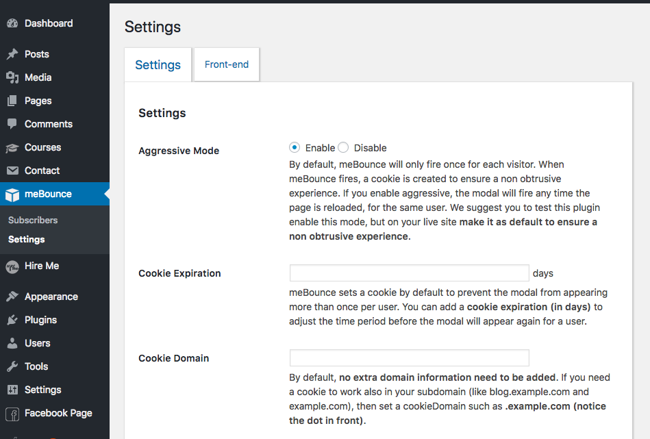 meBounce settings page, where you can customize/manage its behaviour.