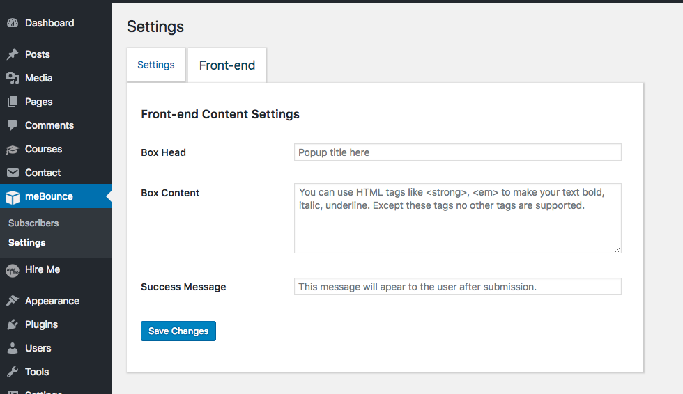 meBounce popup customization settings page