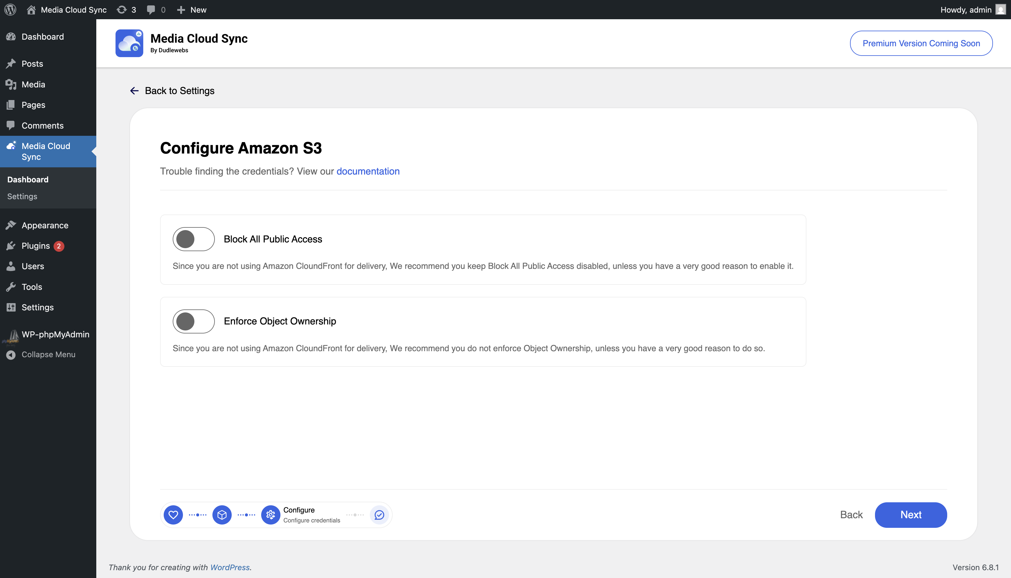 Main settings page.