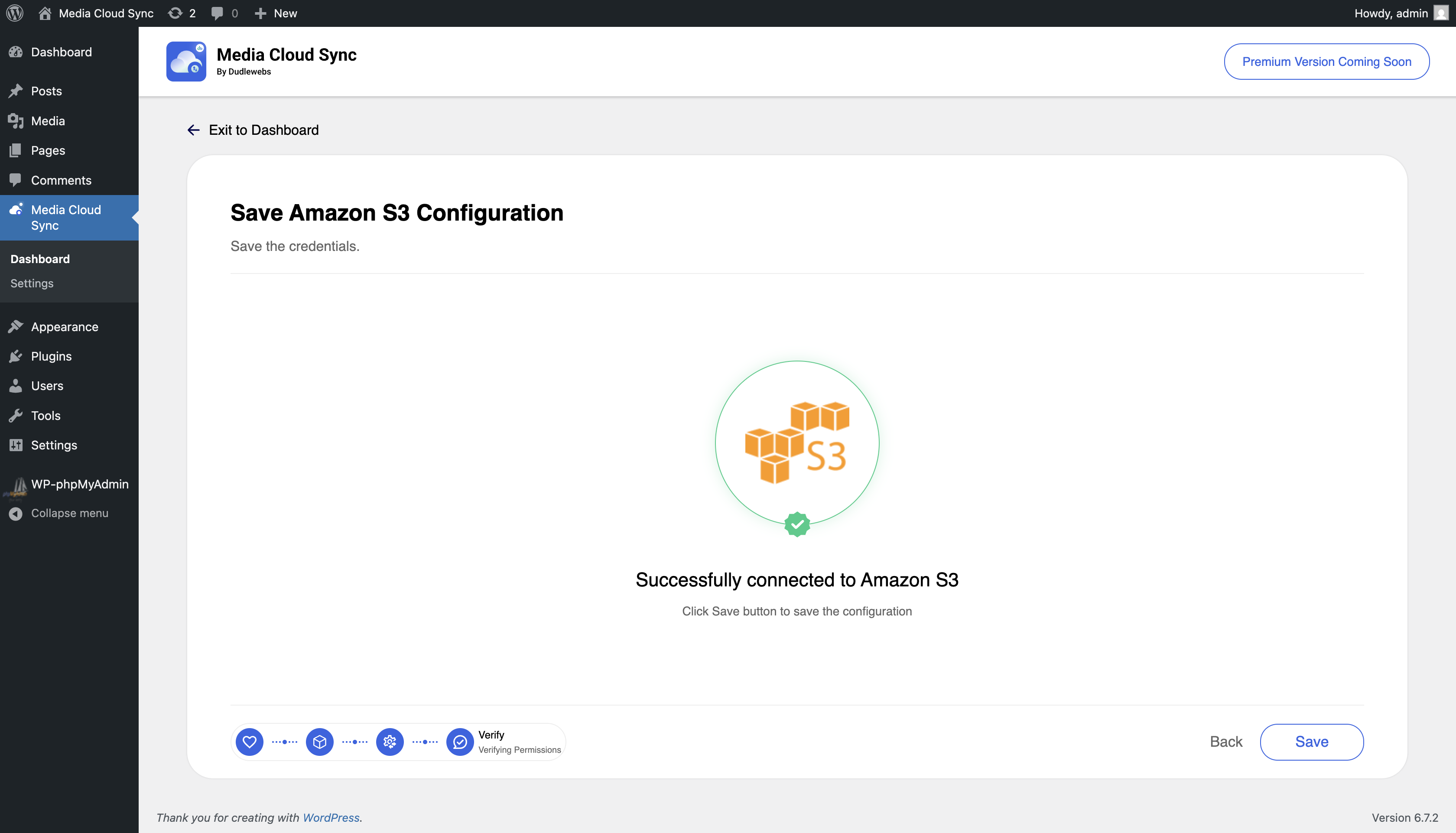 Plugin dashboard page after configuring the service.