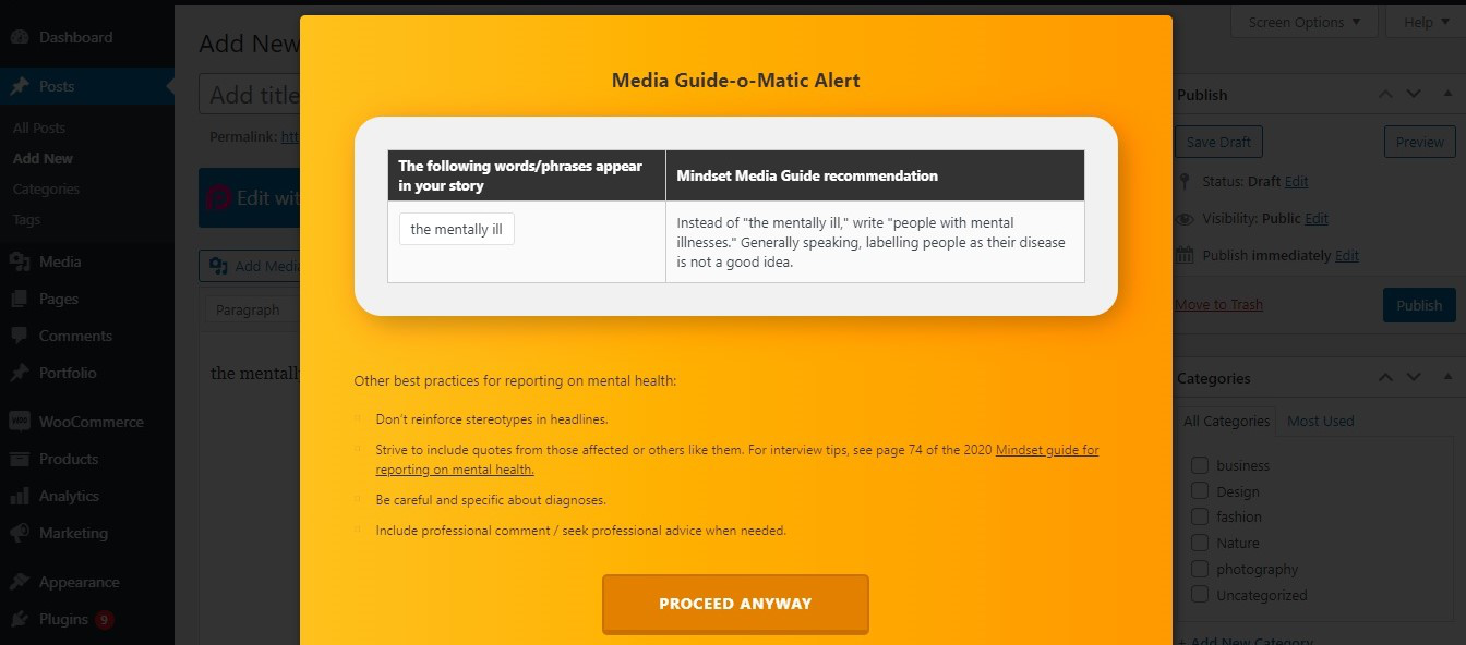 View of the popup when you add a word that should be analyzed.