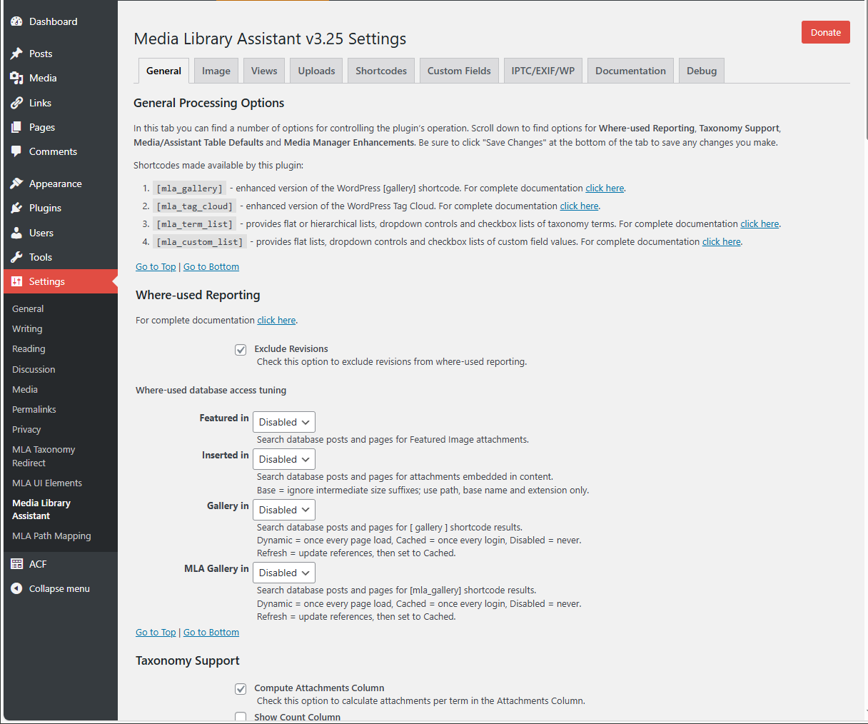 The Media/Assistant submenu table showing the Bulk Edit area with taxonomy Add, Remove and Replace options; also shows metadata mapping buttons.