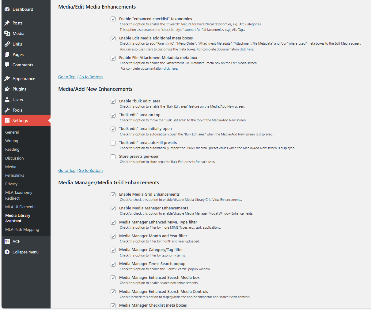 The Media Manager popup modal window showing additional filters for date and taxonomy terms. Also shows the enhanced Search Media box and the full-function taxonomy support in the ATTACHMENT DETAILS area.