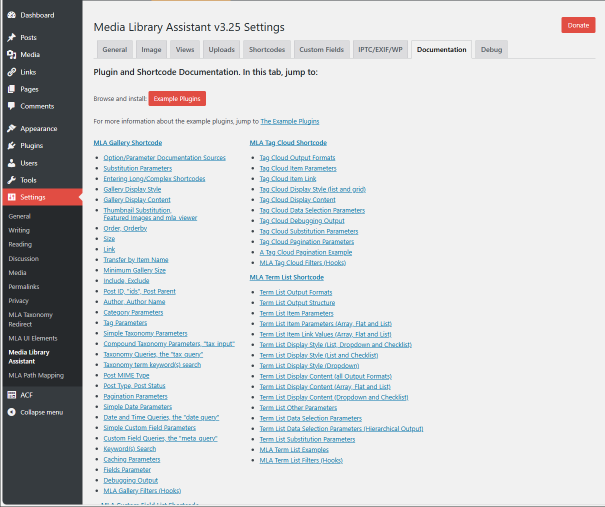 The Settings page General tab, showing the Taxonomy Support options and some of the the Media/Assistant display options.