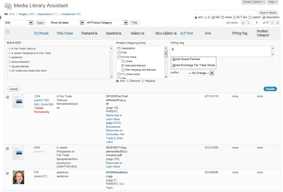 The Media/Assistant submenu table showing the Bulk Edit area with taxonomy Add, Remove and Replace options; also shows the tags suggestion popup.