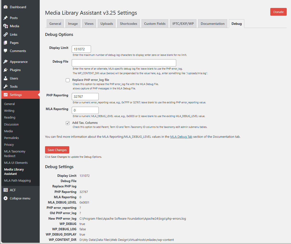 The Settings page Views tab, where you can add and manage MIME Types and define Media/Assistant table views.