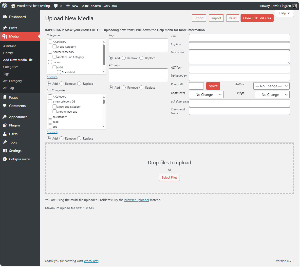 The Settings page IPTC/EXIF/WP Processing Options screen, where you can map image metadata to standard fields (e.g. caption), taxonomy terms and custom fields.