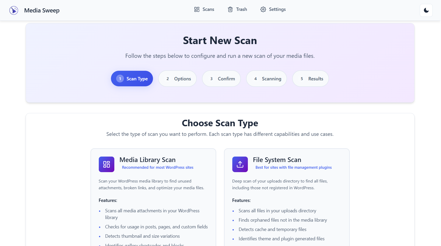 **Scan Type Selection** – Choose between Media Library and File System scans with detailed explanations