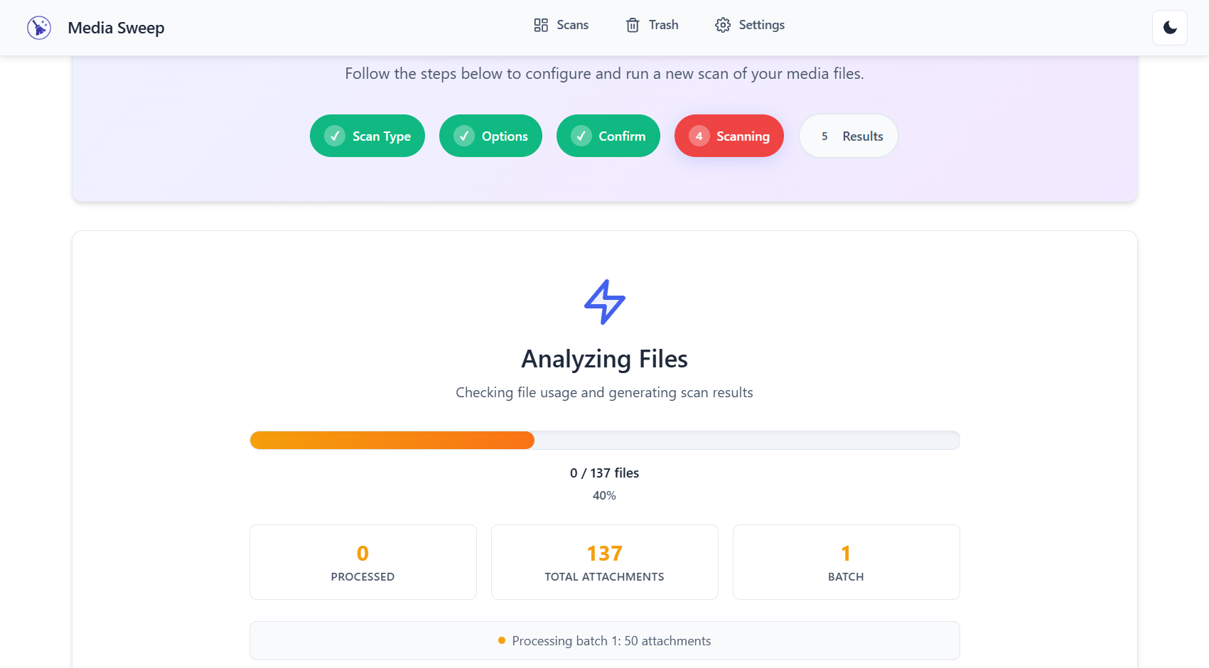 **Real-time Scan Progress** – Watch your scan progress with detailed status updates and resource monitoring