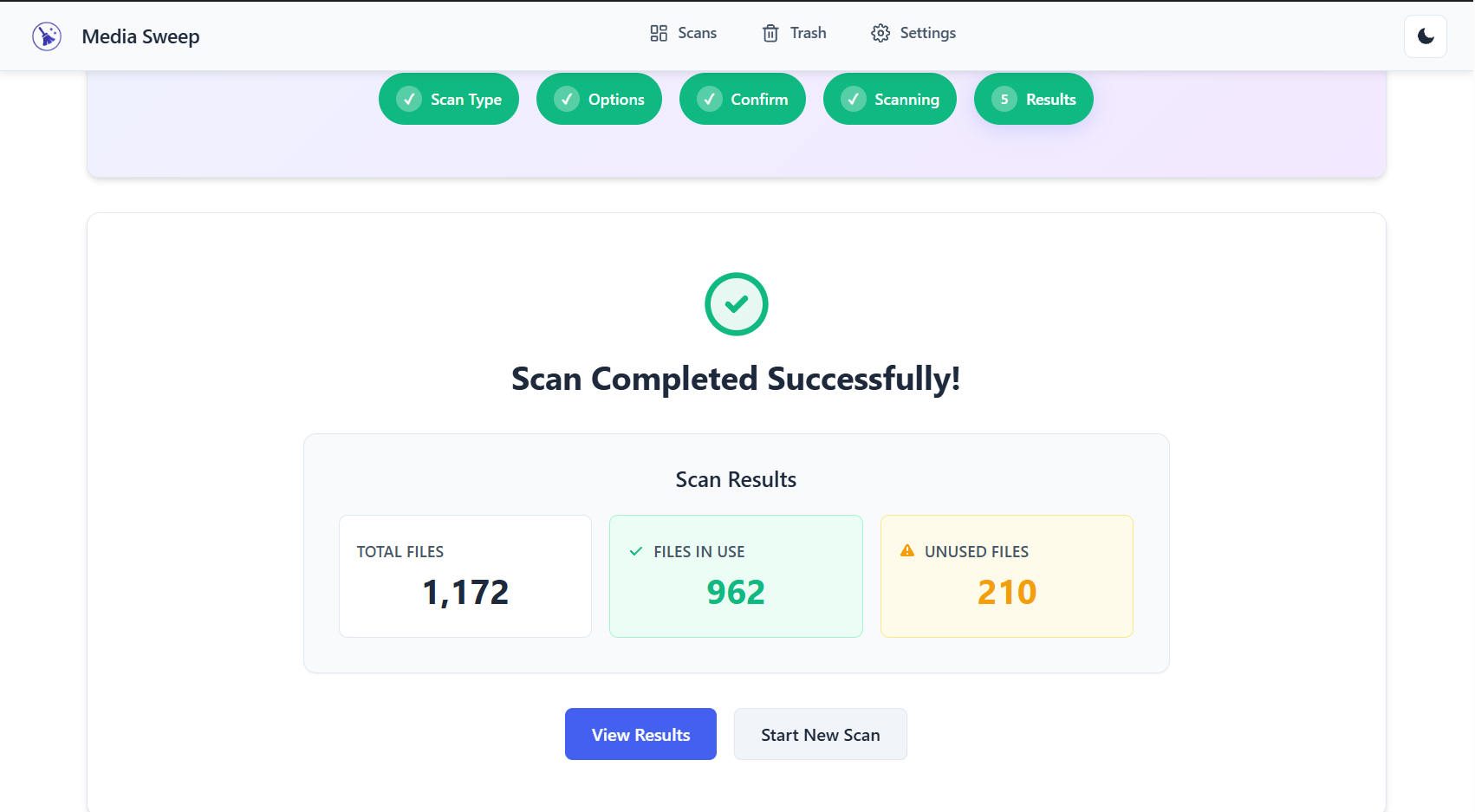 **Scan Results** – Comprehensive file listing with status, size, and usage information