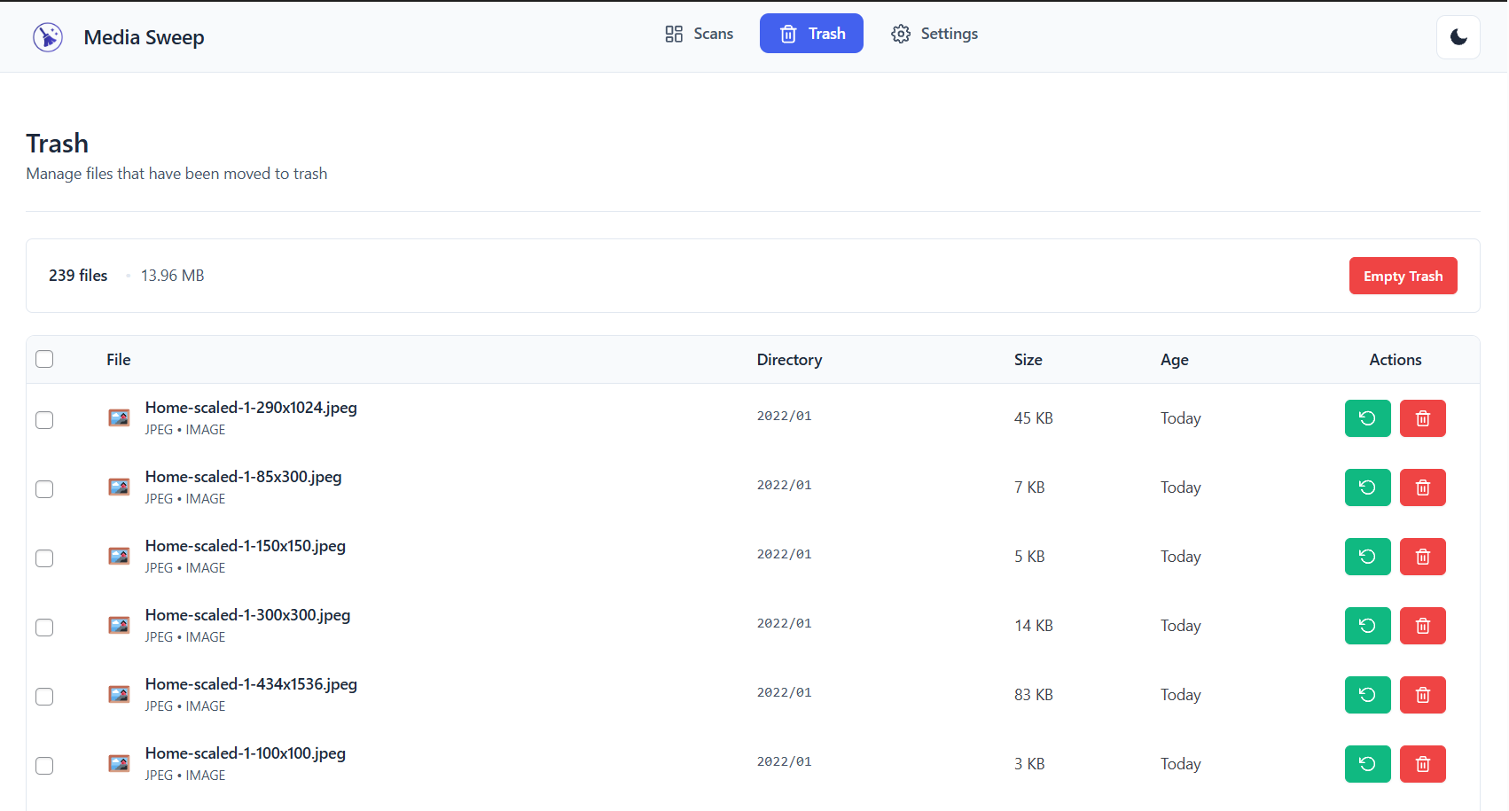 **Trash Management** – Safe file removal with easy restore capabilities
