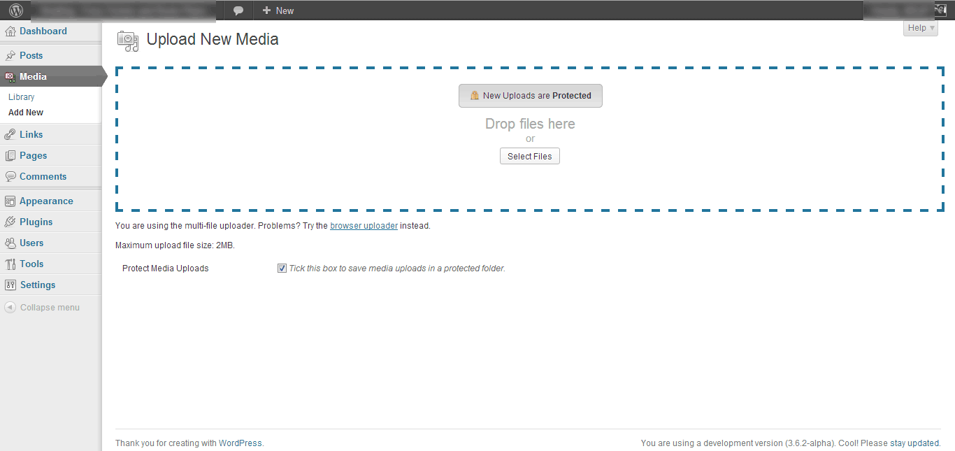 The WordPress Media Upload page with Media Vault file protection activated.
