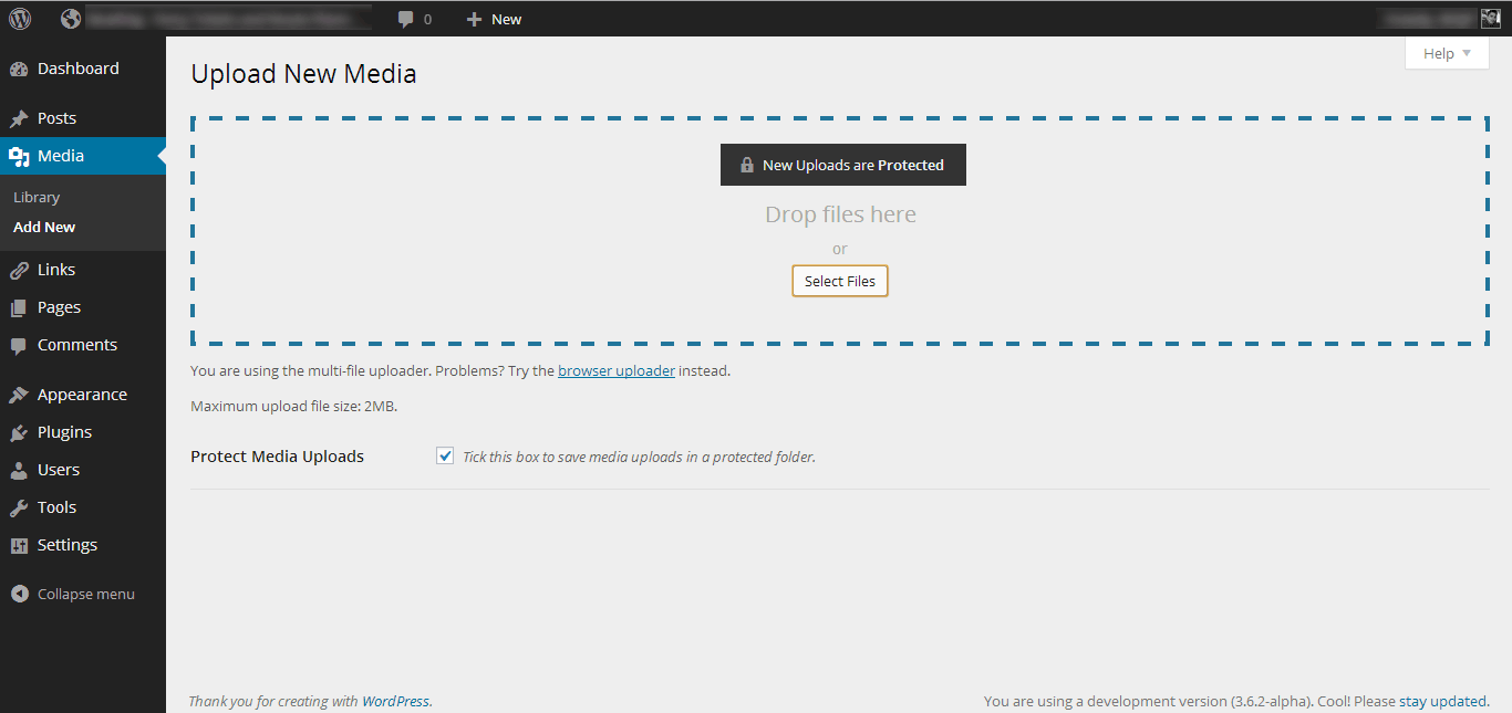 The WordPress Media Upload page with Media Vault file protection activated (in WP mp6 & WP 3.8+)