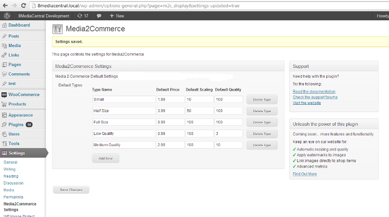 The Media2Commerce Settings for adding default types (small, medium, large etc)