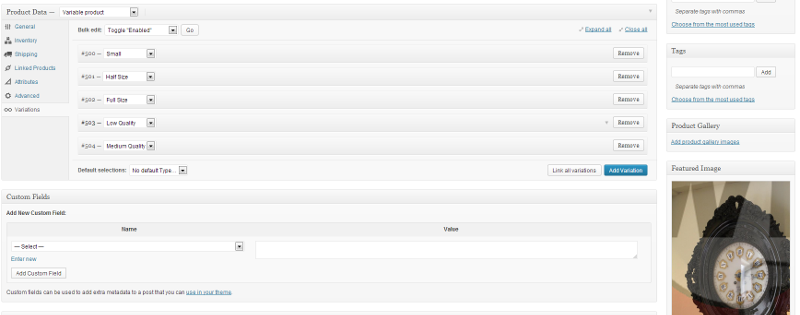 The product and variation shown in WooCommerce administration