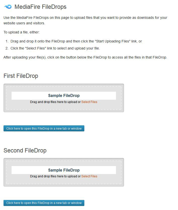 MediaFire FileDrops page in WordPress admin