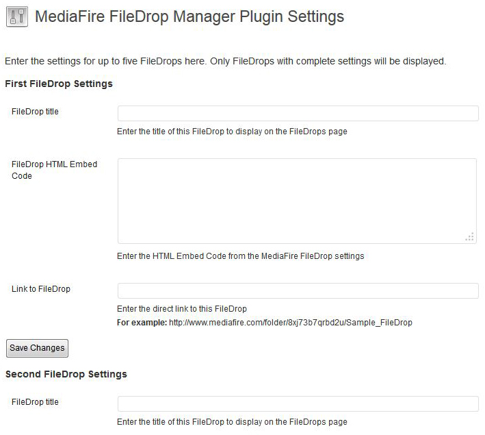 MediaFire FileDrop Manager plugin settings page in WordPress admin