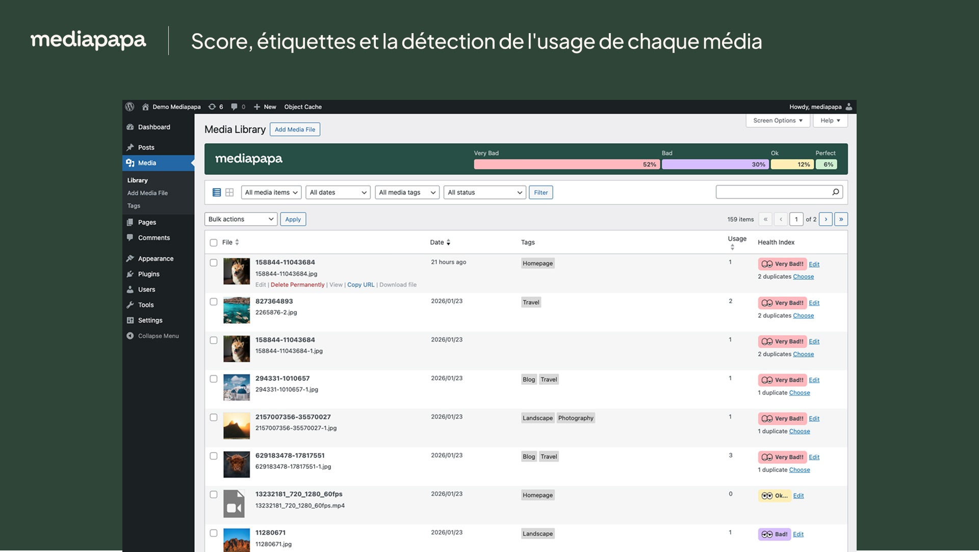 Media modal window showing individual Media Score, with recommendations for deduplication, compression, optimization, and missing metadata fields