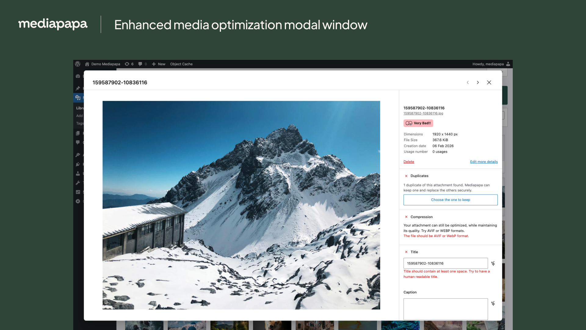 Advanced media usage tracking showing where each file appears across posts, pages, custom fields, and page builders