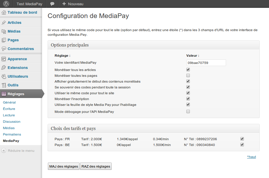 Réglages des options du plugin