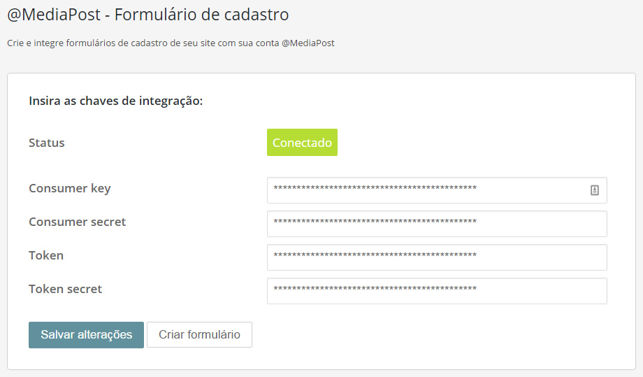 Inserindo as chaves de integração de com sua conta @MediaPost