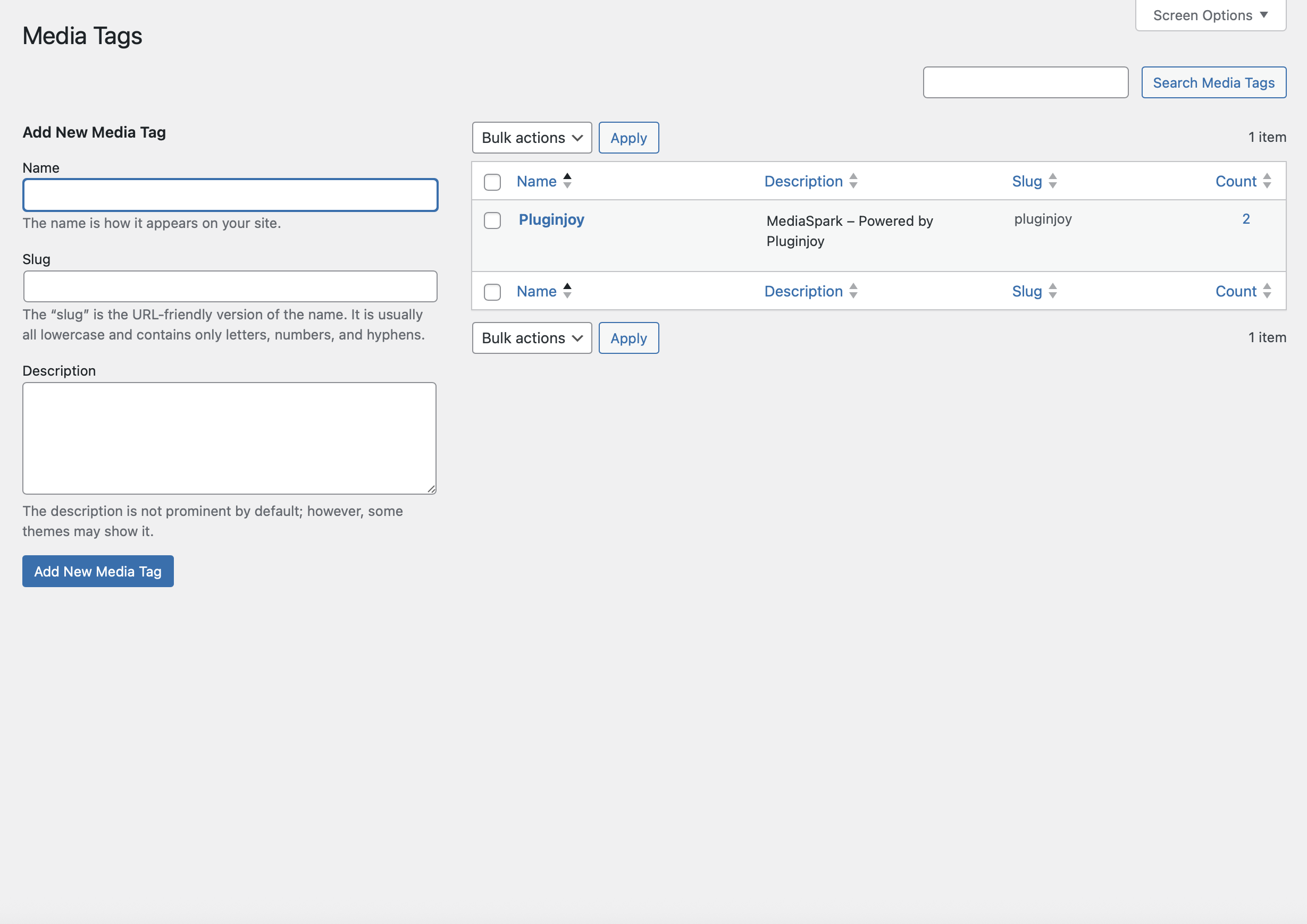 **Count Column & Search**: Sortable counts and dropdown filters for tags/folders – filter media instantly.
