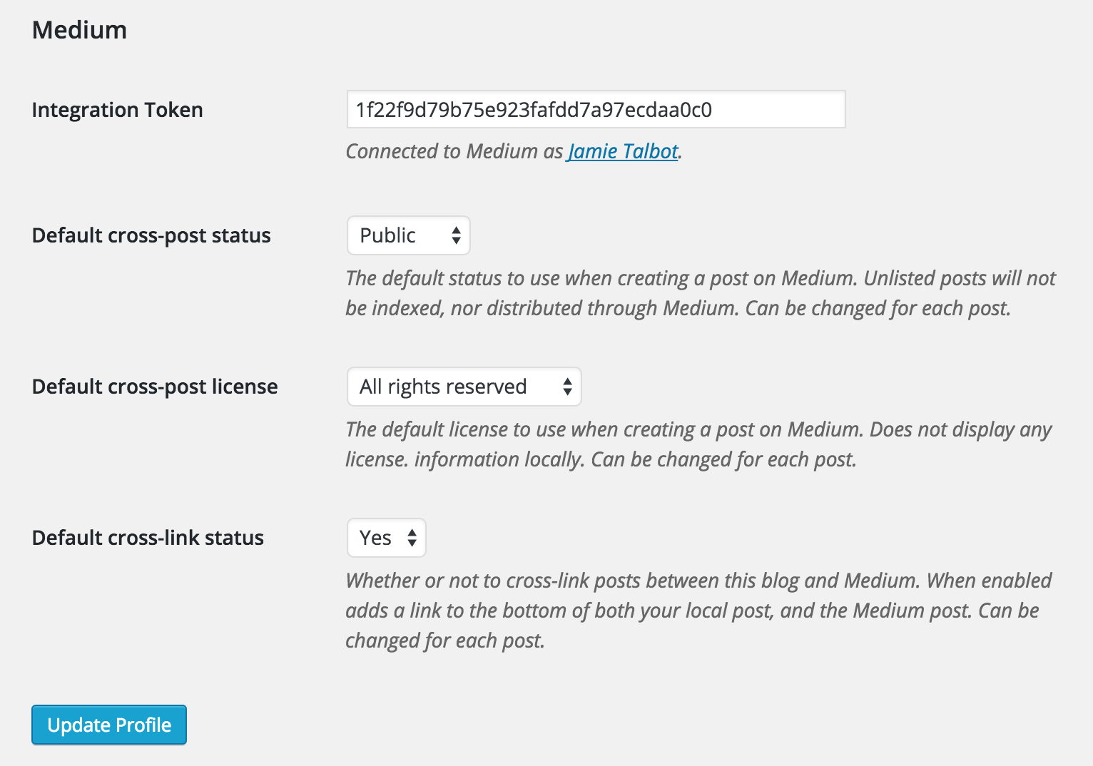 The additional profile settings where you can specify default cross-posting behaviour.
