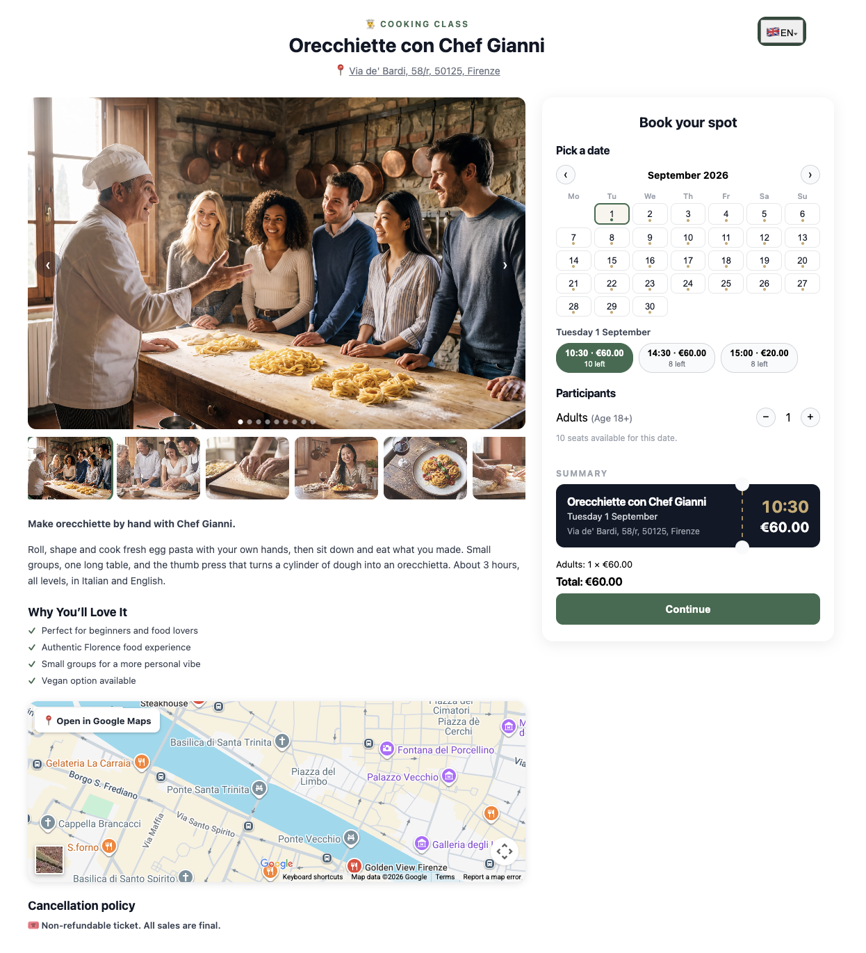 The Waiter Dashboard: today's service at a glance, with filters, search and CSV export.