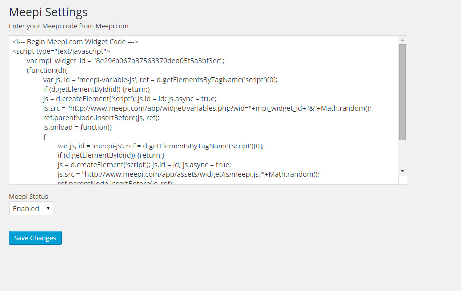 The Meepi configuration page. Simply enter your Meepi code from Meepi.com, change the status to 'enabled' and away you go!