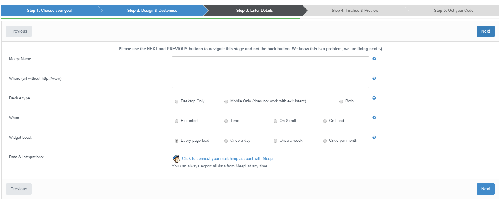 Choose when and how the Meepi will fire and add any integrations.
