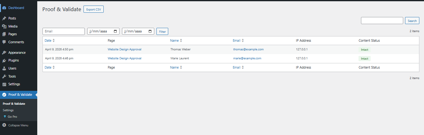 Admin validation log