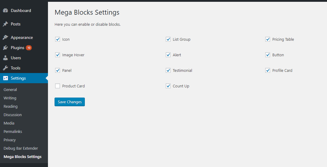 Settings to Enable/Disable blocks