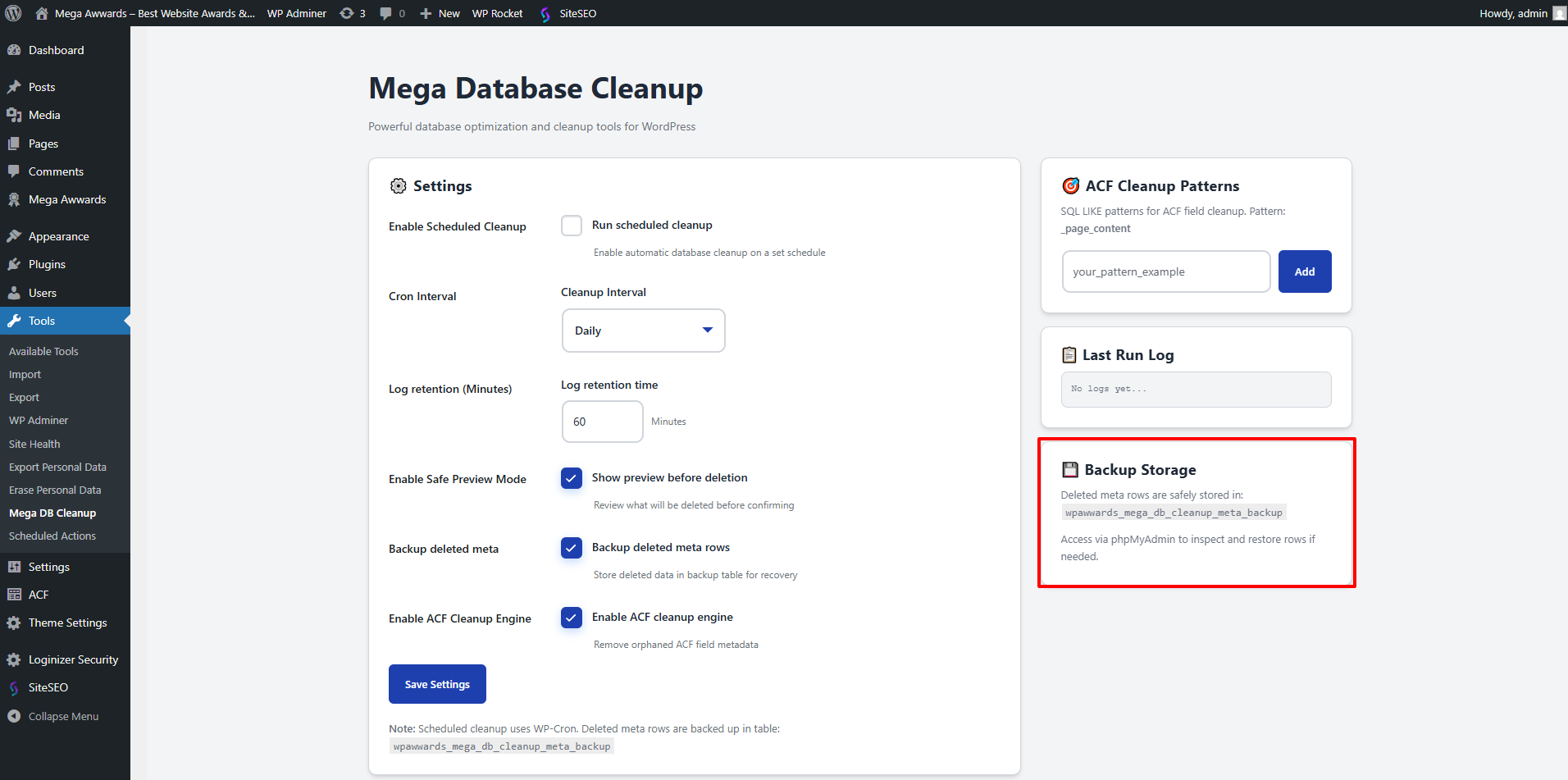 Backup information panel