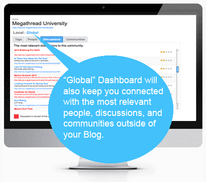 Your "Global" Dashboard wich displays the most relevant People, Discussions and Communities outside of your site. Results depend on other like-minded communities using Megathread and will grow over time.