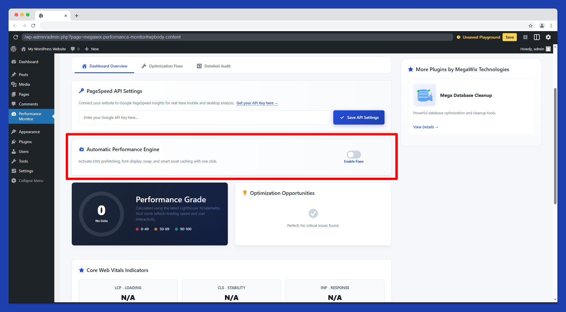 Automatic Performance Engine – Activate smart optimizations like DNS prefetching and font-display swap.