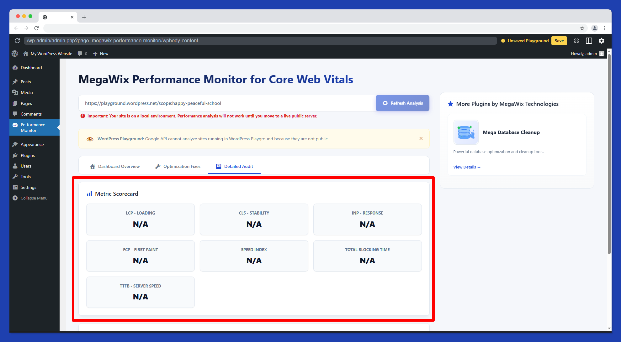 Detailed Audit – Complete Core Web Vitals breakdown including LCP, CLS, INP, FCP, TTFB, and Speed Index.