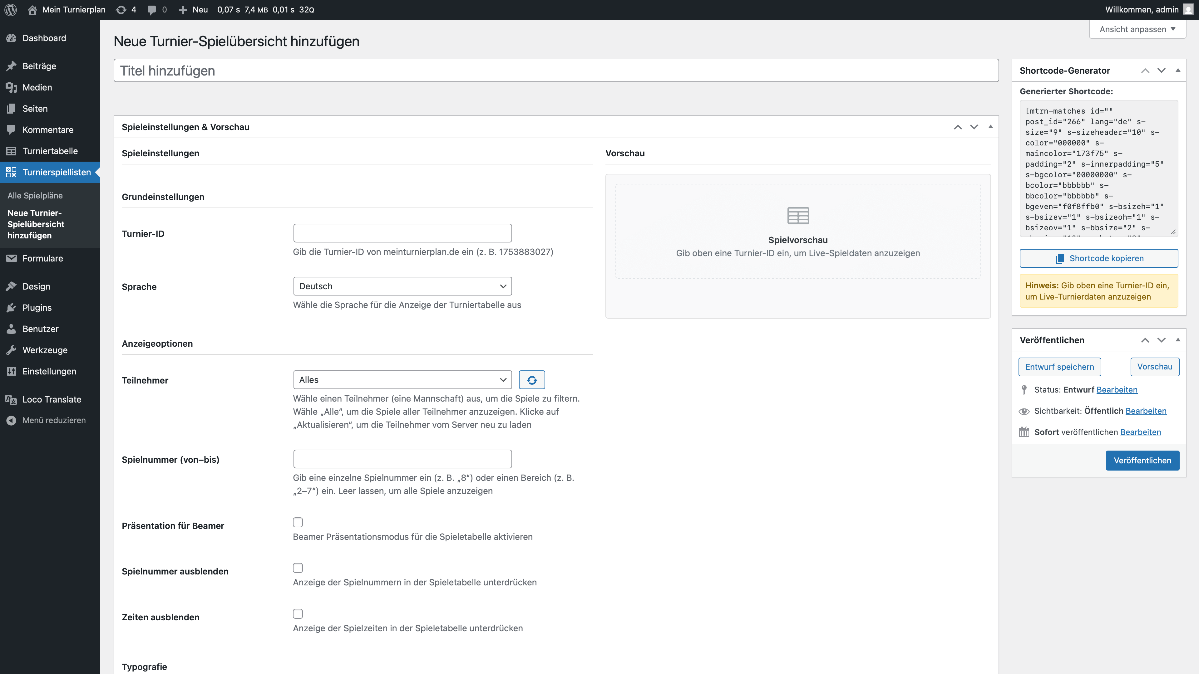 Preview of the Tournament Table in the backend.