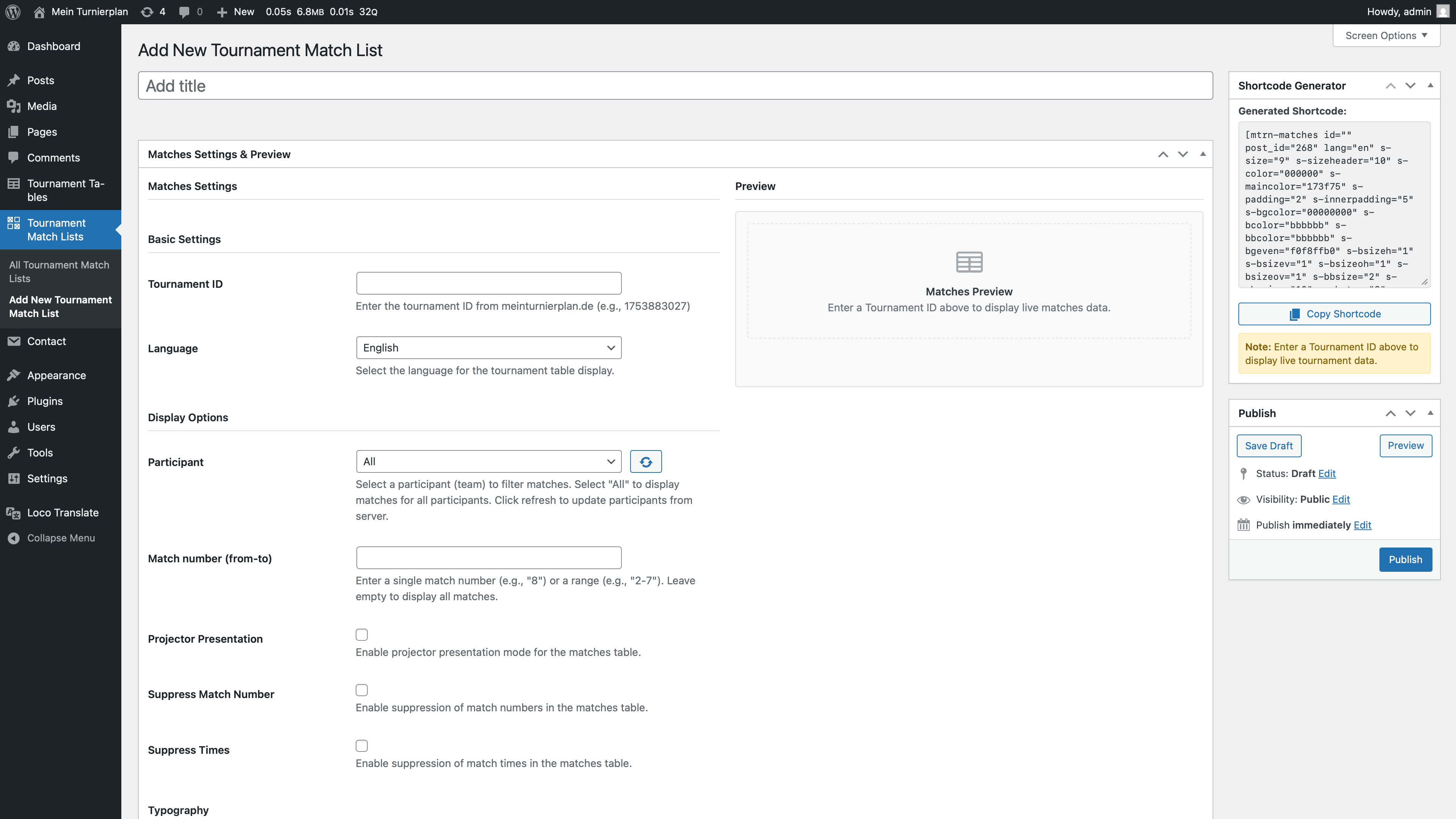 Preview of the Tournament Match List in the backend.