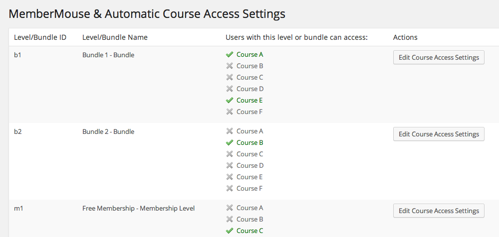 This is the screen where specific courses are selected to be associated with the membership level or bundle. The retroactive function will enroll students to courses that were recently associated to the membership level or bundle.