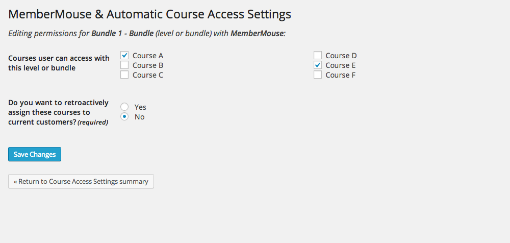 This is the screen where specific courses are selected to be associated with the membership level or bundle. The retroactive function will enroll students to courses that were recently associated to the membership level or bundle.