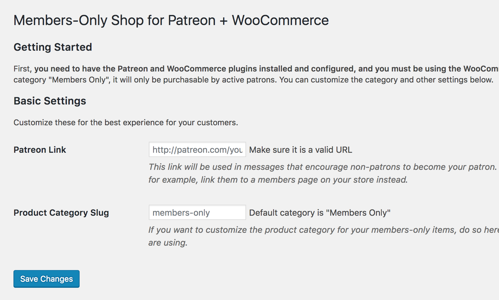 Plugin settings (all optional) to configure once you install. The "Product Category Slug" is the category of your shop that's for Patreon members only.