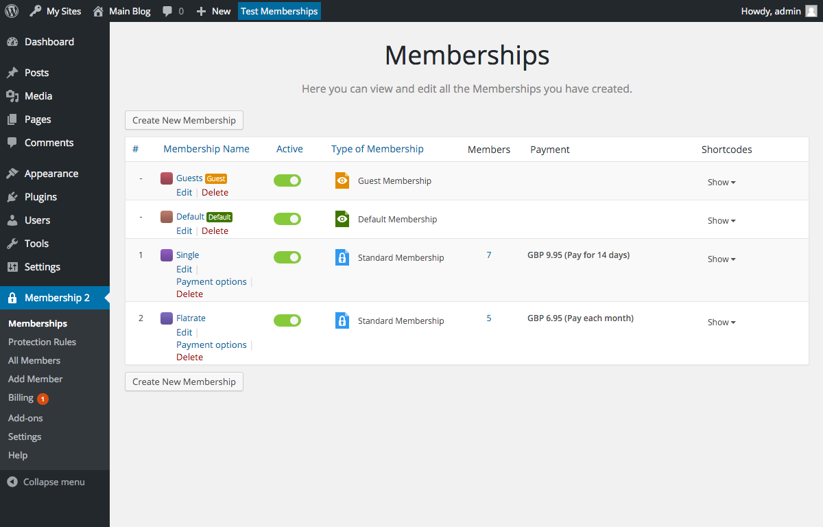 Overview of your Membership packages with quick access to most used features