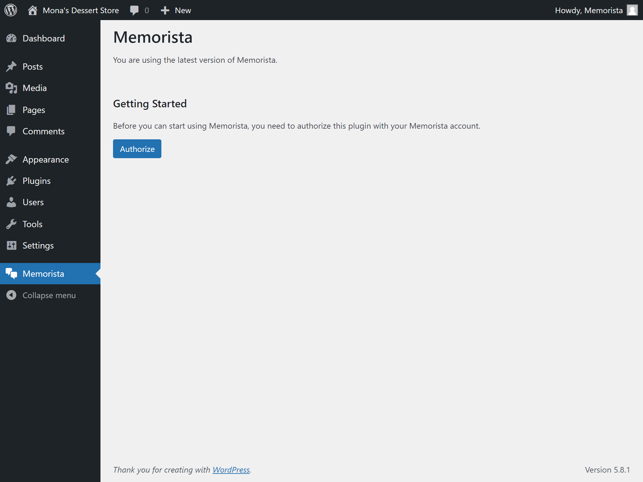 After the installation you need to authorize the plugin with your Memorista account.