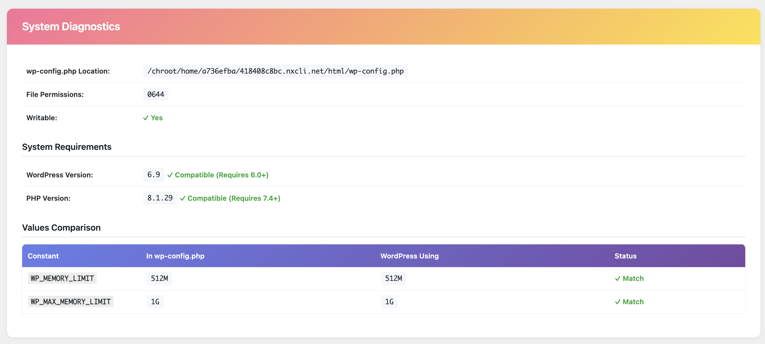 System Diagnostics showing wp-config.php location, file permissions, writability status, and real-time values comparison