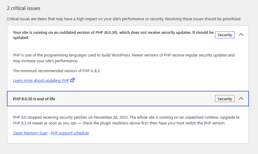 The Memory Scan verdicts surfaced under Tools → Site Health.