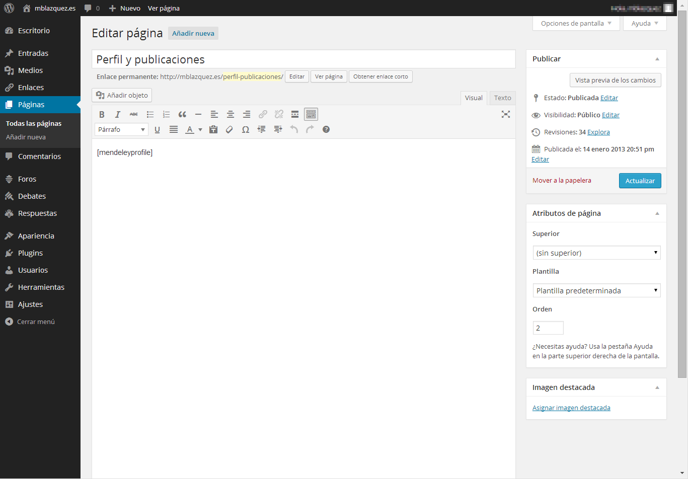 Place [mendeleyprofileplugin] in the page you want