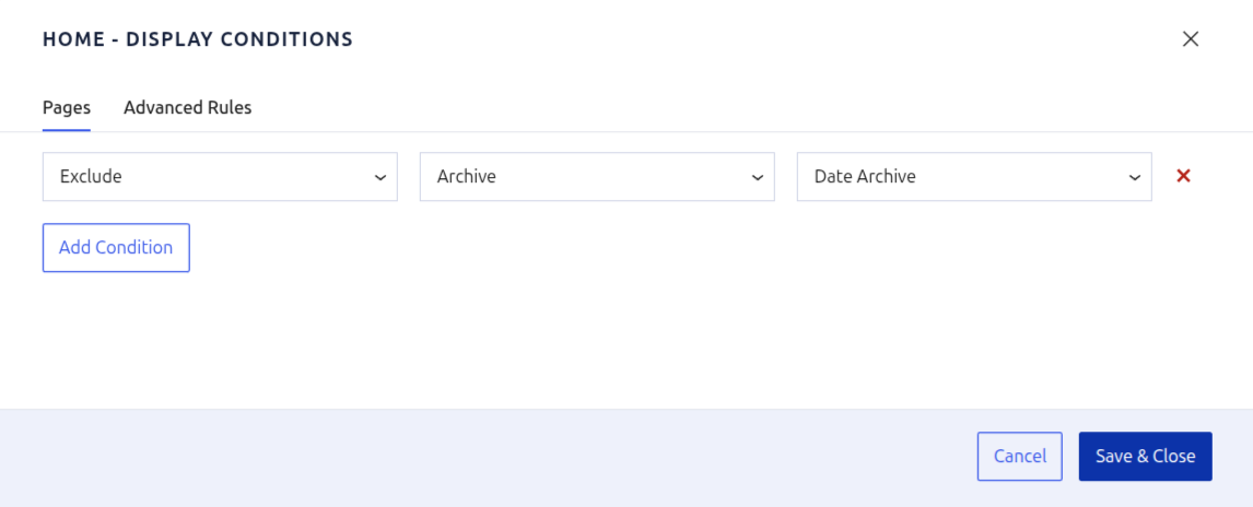 Pages tab focused on a single "Exclude date archive" rule for quick toggles.