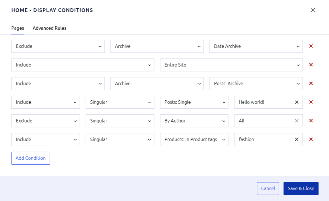 Pages tab showing layered include/exclude rules for archives, authors, and WooCommerce products.