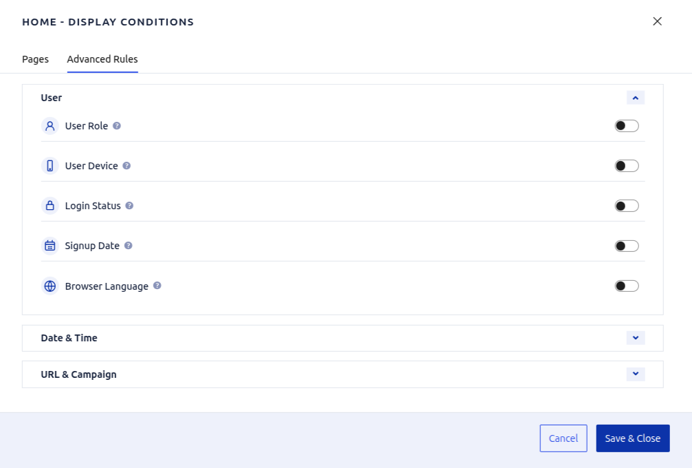 Advanced Rules User section overview: User Role, User Device, Login Status, Signup Date and Browser Language.