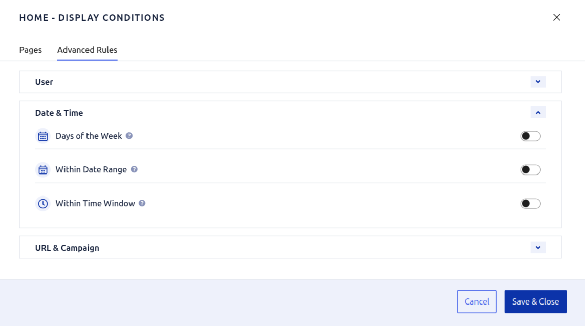 Advanced Rules Date & Time section overview: Days of the Week, Within Date Range and Within Time Window.